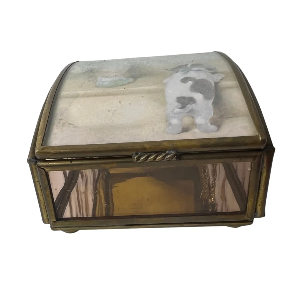 Vintage Brass Glass Jewelry Beveled Trinket Box Collectible Bessie Pease Gutmann